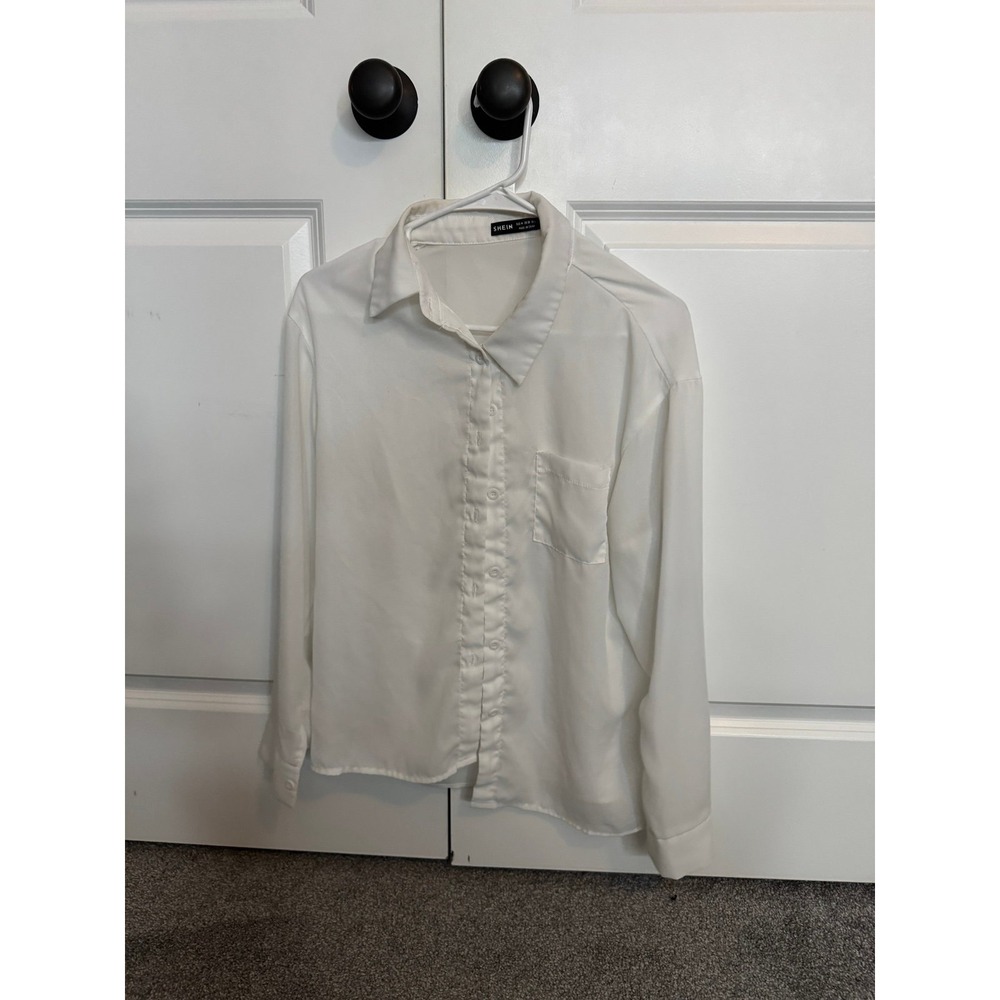 SHEIN Women White Button Up Long Sleeve Blouse Shirt Size M